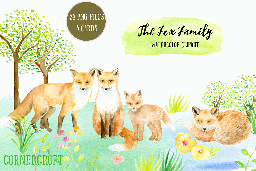 watercolour fox family, sleeping fox, kit, baby fox, corner croft cli part