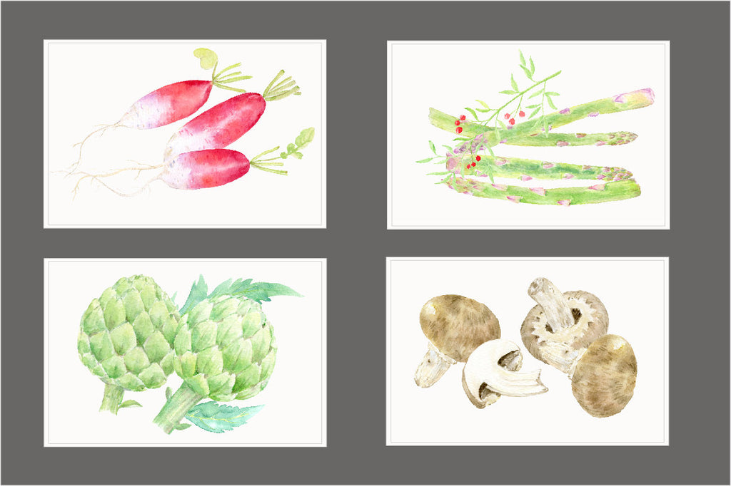 vegetable prints watercolor vegetables mushrooms, asparagus, red radish and globe artichokes 