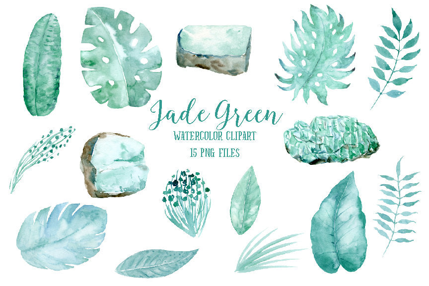 watercolor tropic leaf clipart, jade green stone, leaf, tropical foliage illustration