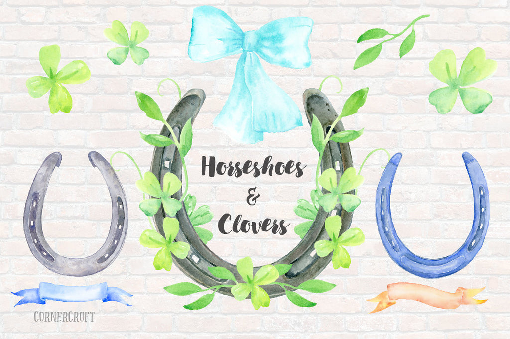 Watercolor horseshoe, watercolor clover, wedding crest, St. Patrick's day cards, family crest