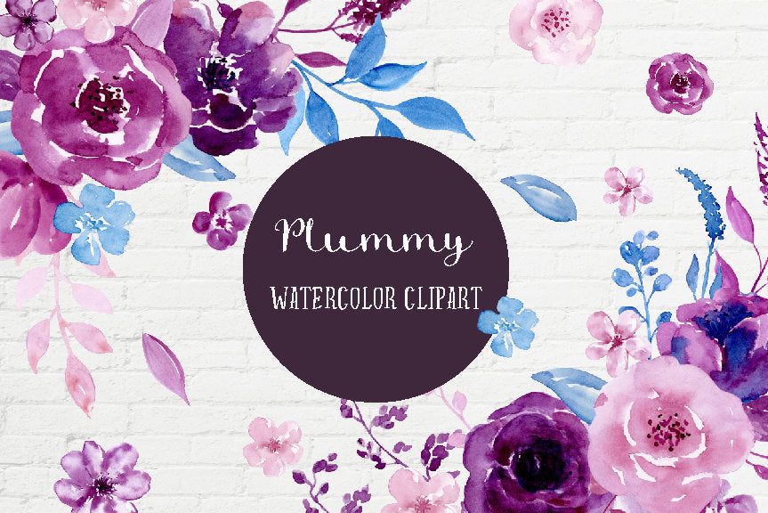 watercolor clipart plummy, pink flower, plum flower, blue flower, purple flower