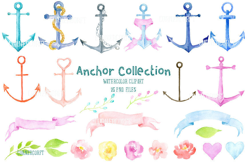Watercolor clipart anchor collection, pastel cold anchors, wedding anchors.
