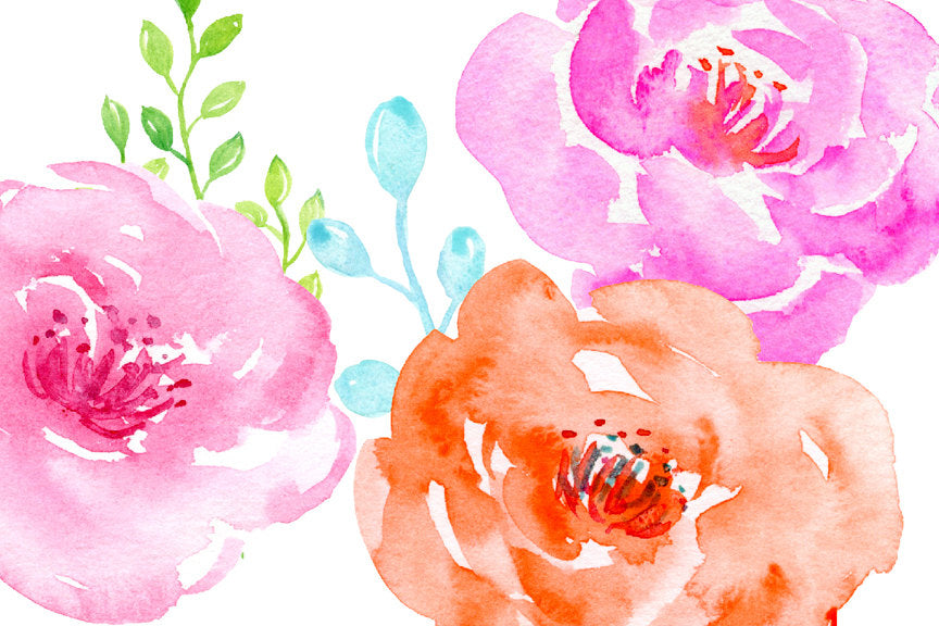 floral clipart, watercolor clipart, pink flower, yellow flower, spring flower, instant download 