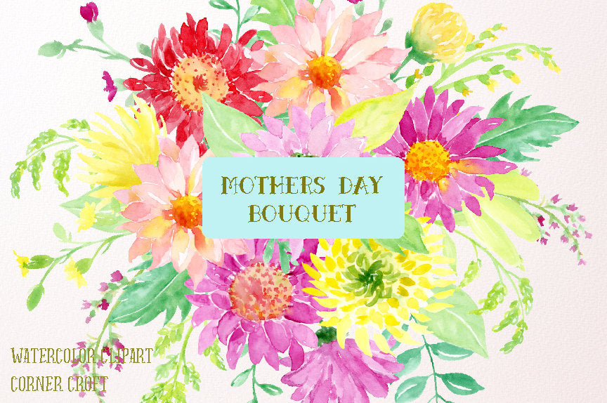 Watercolor Clipart Mother's Day Bouquet - colorful flowers, daisies, chrysanthemum, decorative elements and bouquet for instant download