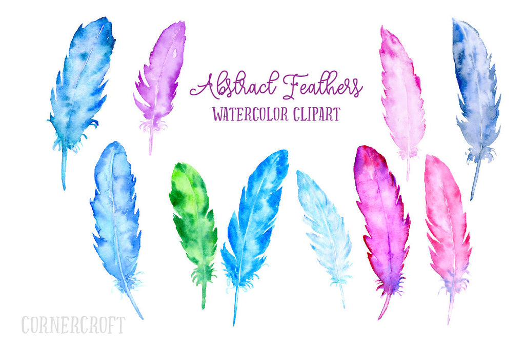 watercolor abstract feather, pink, blue, green and purple feathers 