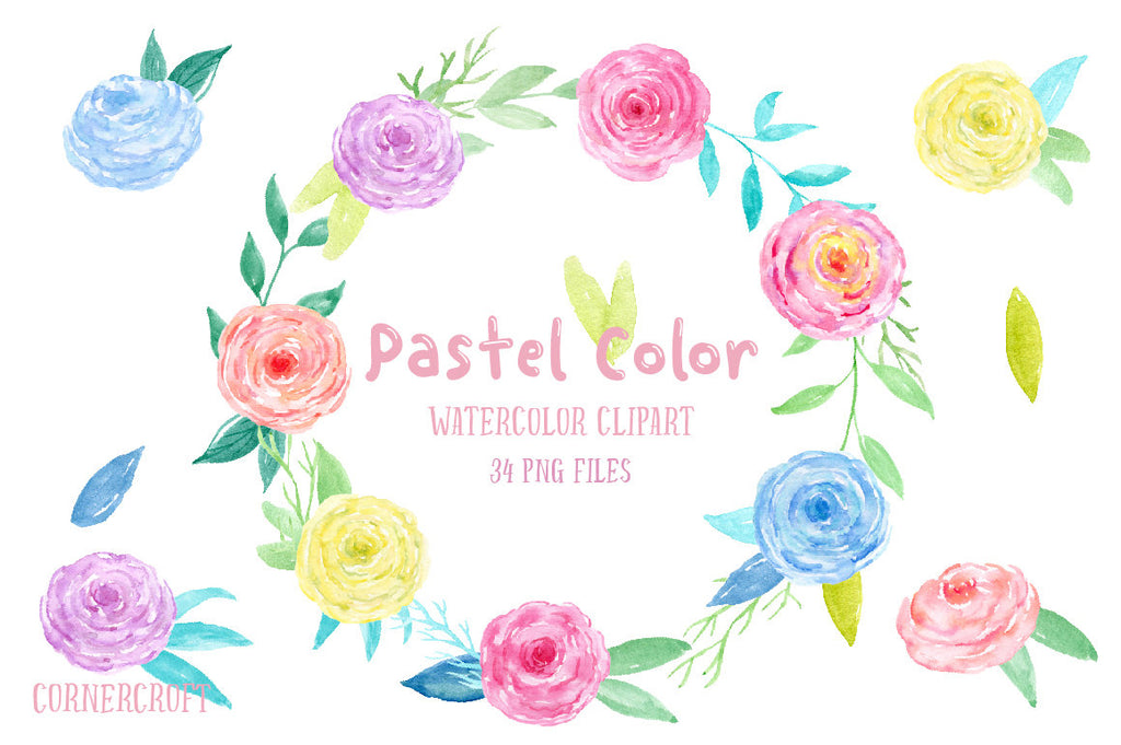 Watercolor Clipart Pastel Color, pink, blue, yellow and purple flowers,instant download