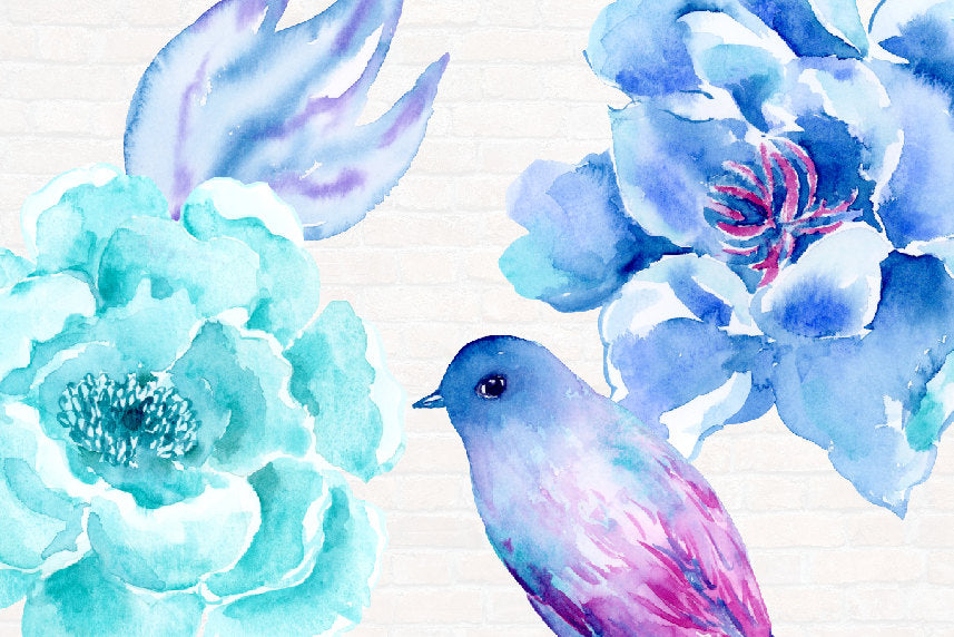watercolour blue peony, purple flower, wedding flowers, corner croft clip art.