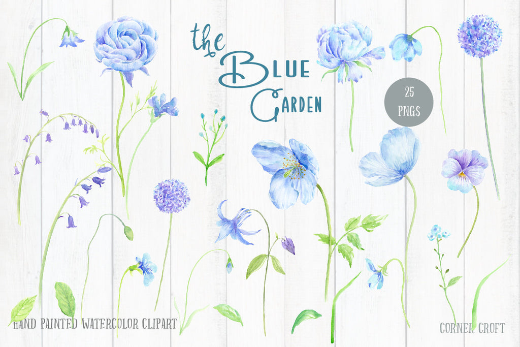 Wedding Clip Art Blue Garden - Watercolor blue peony, blue ranunculus, alliums, blue poppies pansies, blue flowers & decorative elements for instant download. 