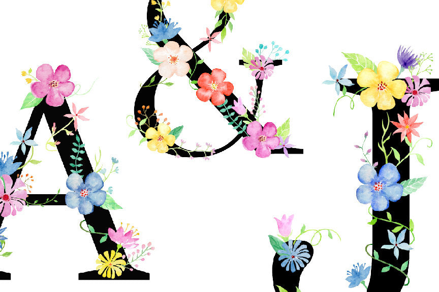 Watercolor Floral Alphabets Black, Floral Letters, Floral Letter, Floral Alphabet, Instant Download.