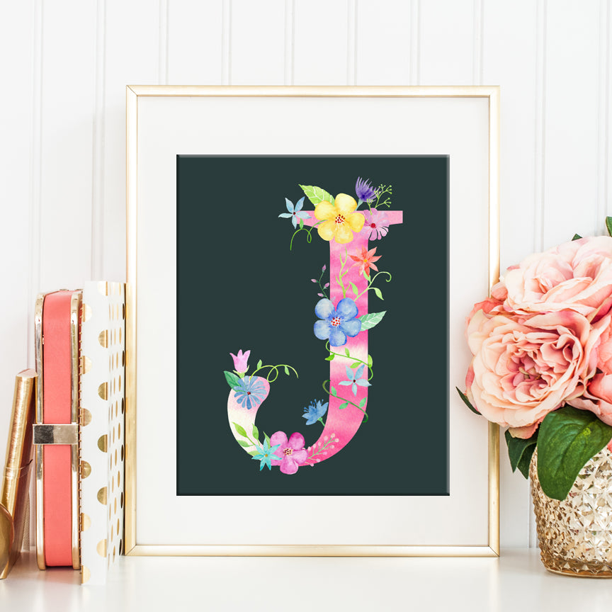watercolor pink floral letter J printable, corner croft print, name initial J, girl room deco