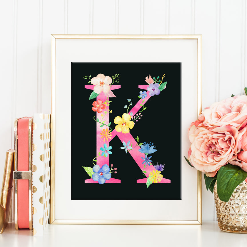 watercolor pink flowers, name initial K, pink floral letter K, printable 
