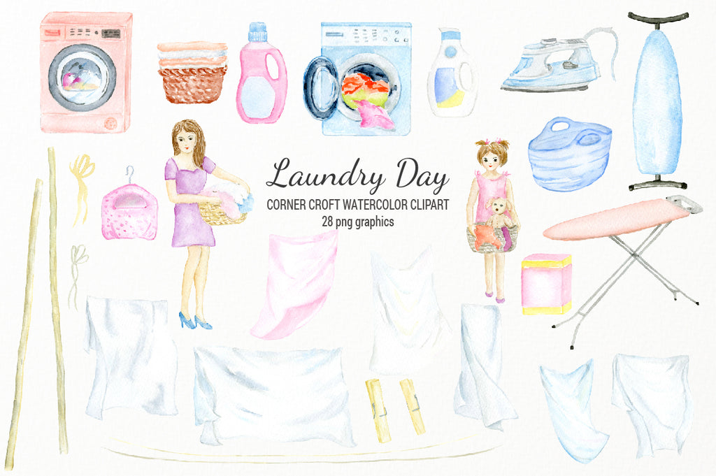 pastel color laundry day clipart, washing machine, daryer and iron board, lady and girl 