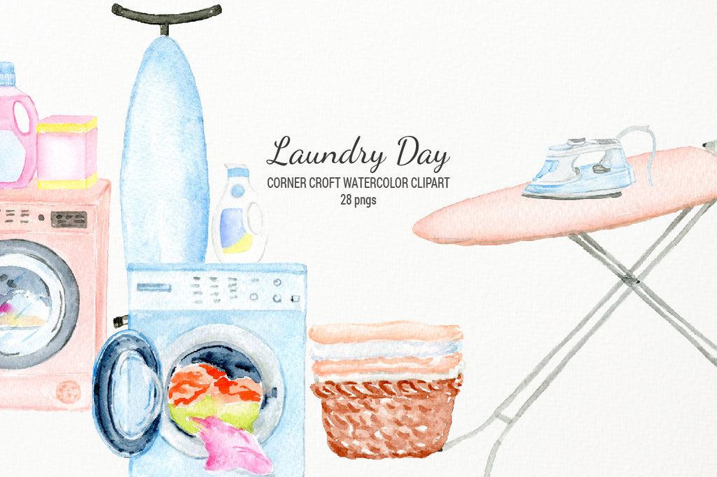 watercolor illustration of washing machine, laundry basket, iron board, iron and washine powder