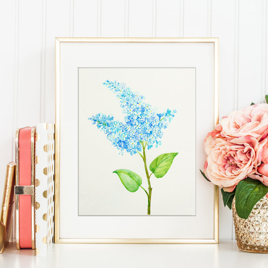 watercolor blue lilac art print, instant download, lilac flower