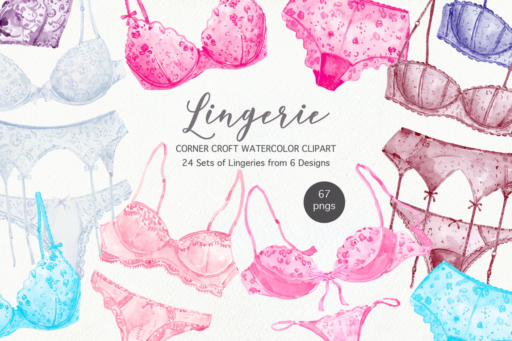 watercolor lingerie clipart, bra, panties and garter belt for instant download 