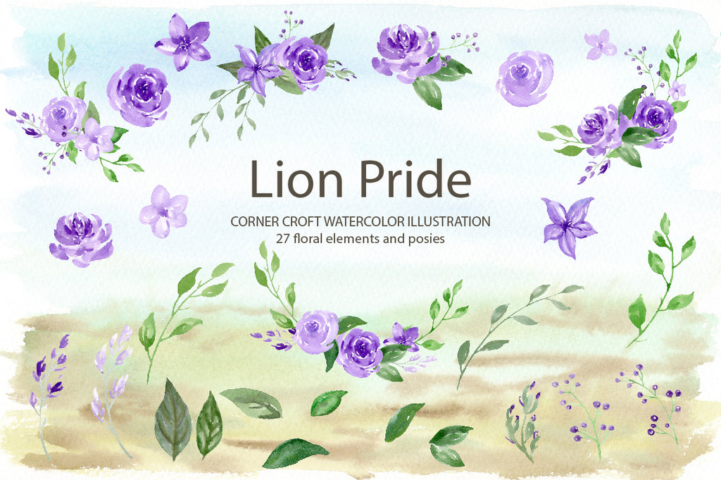watercolor purple flowers, lion family clipart, wildlife illustration 