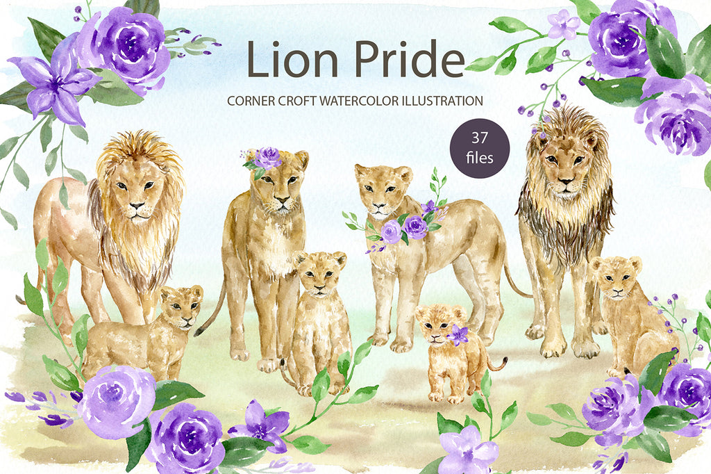 watercolor lion pride illustration, lion family clipcat, for making personalised print.