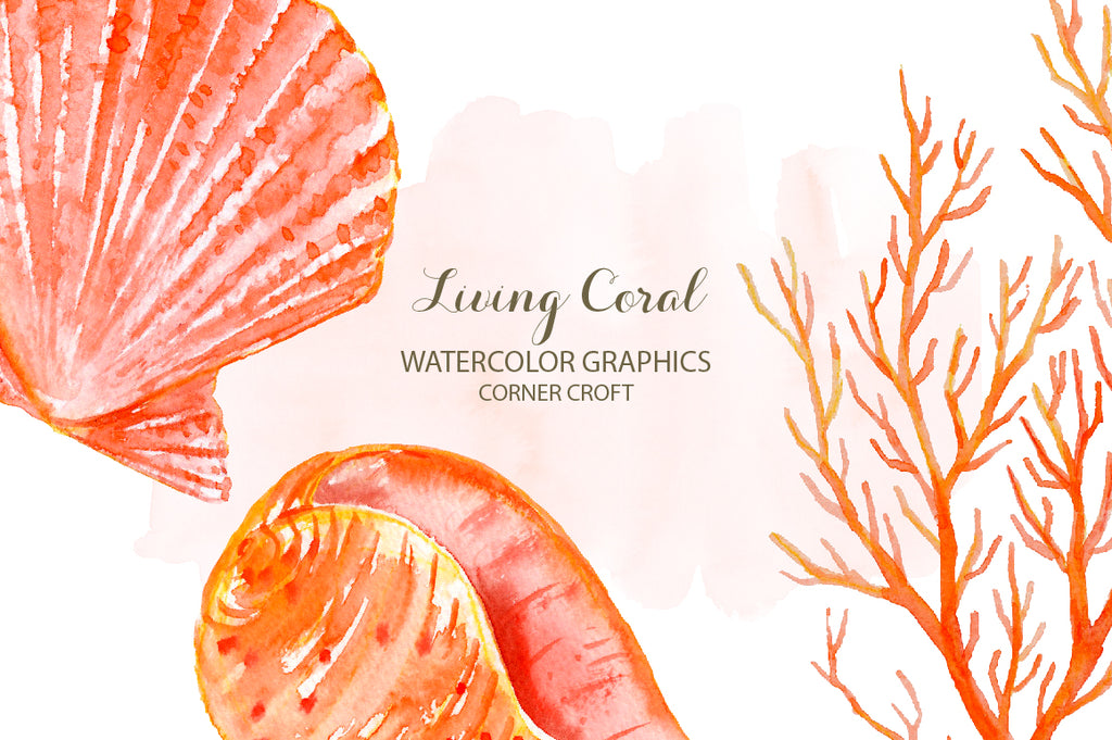 watercolor living coral, seahorse, corals and seashells, orange and pink scheme