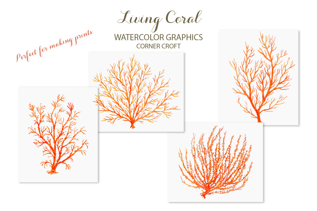 watercolor coral print, instant download, orange and pink