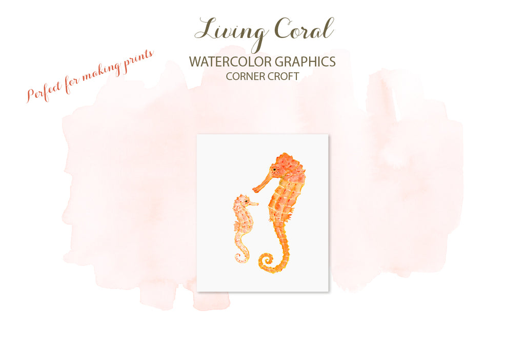 Living coral clipart, watercolor seahorse mum and baby, nursery print