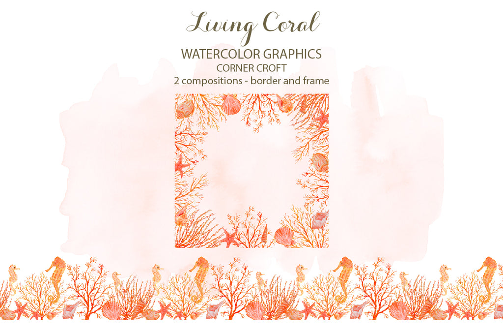 Living coral, watercolor coral border, coral frame, instant download 