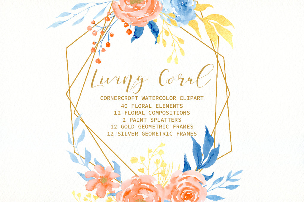 watercolor floral collection Living Coral and geometric frames, instant download 