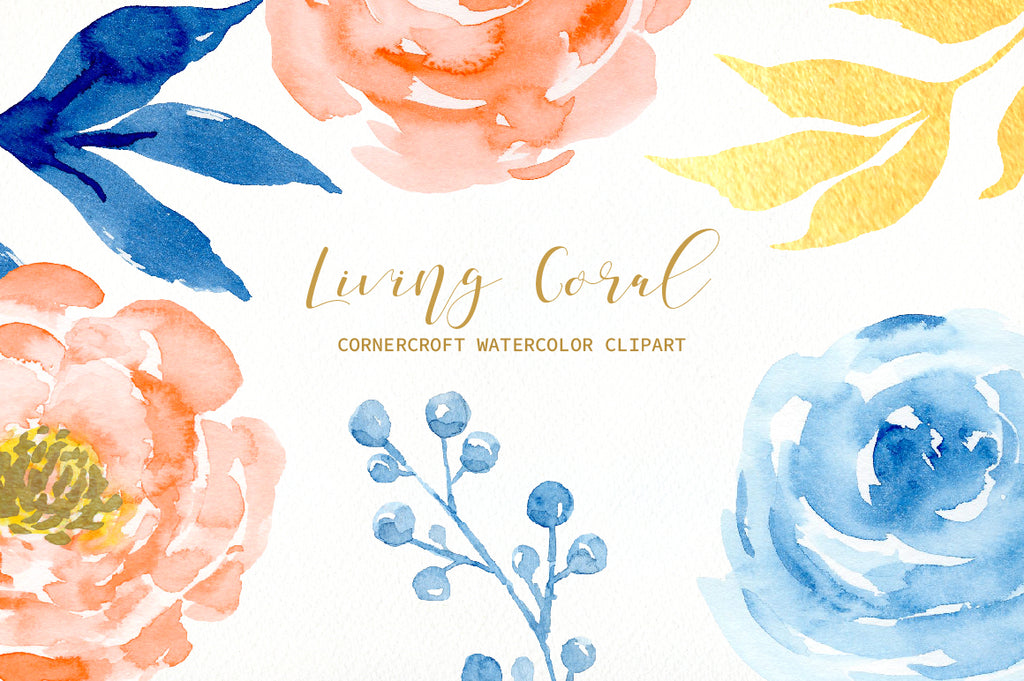 watercolor illustration living coral, pink, peach and blue flowers and posies for instant download 