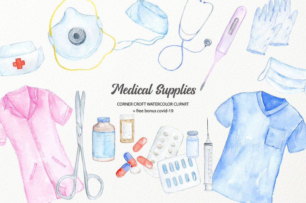 watercolor clipart medical supply, nurse uniform, doctor uniform, conoravirus 