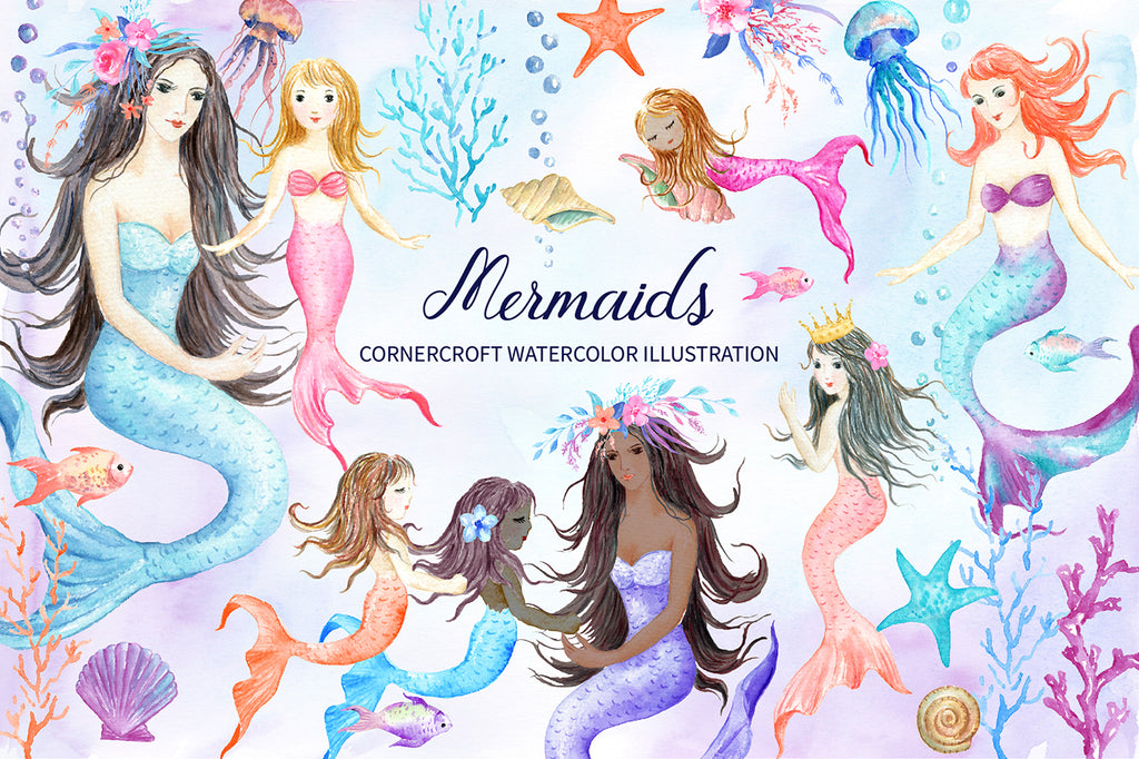 watercolor mermaid clipart, pastel color mermaid collection, mother, daughter and baby
