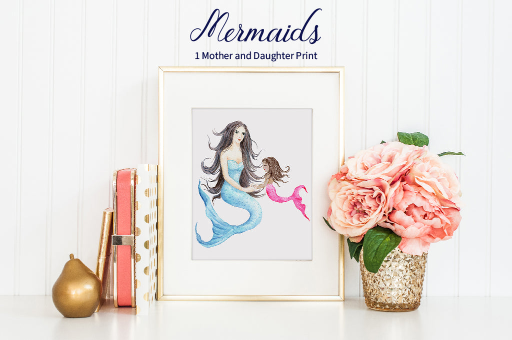 watercolor mermaid mother and daughter print, watercolor mermaid illustration, instant download 