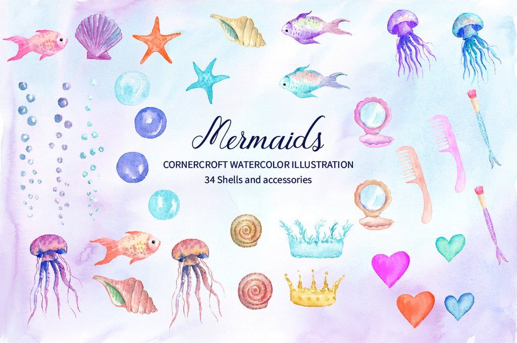 watercolor seashell, starfish, mirror, comb, jelly fish, mermaid illustration
