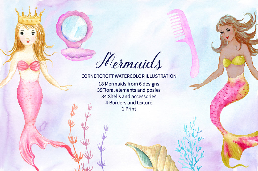 watercolor mermaid collection, mermaid mum, daughter, baby, for making personalised print