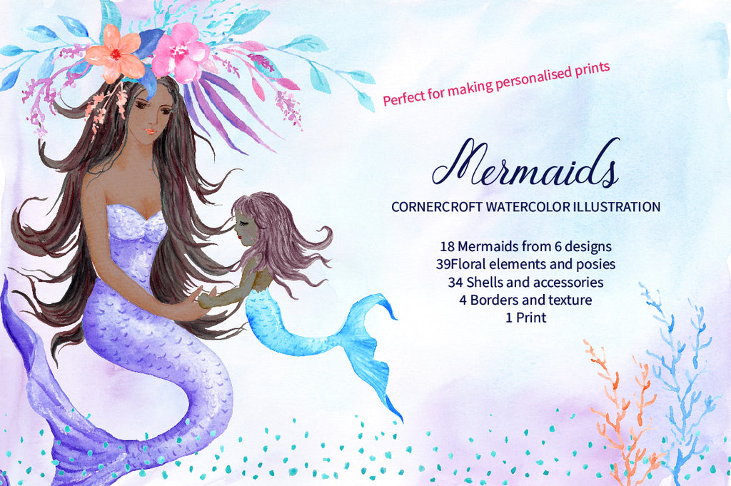 watercolor mermaid illustration for creating personalised print, mother's day gift, baby shower invitation 