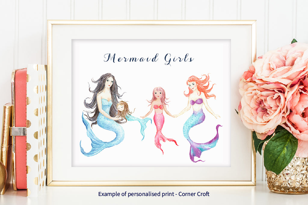 watercolor mermaid mother, sisters illustration, for making teen room decor