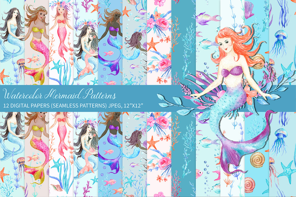 Watercolor mermaid pattern, digital pattern of mermaids and seashells 