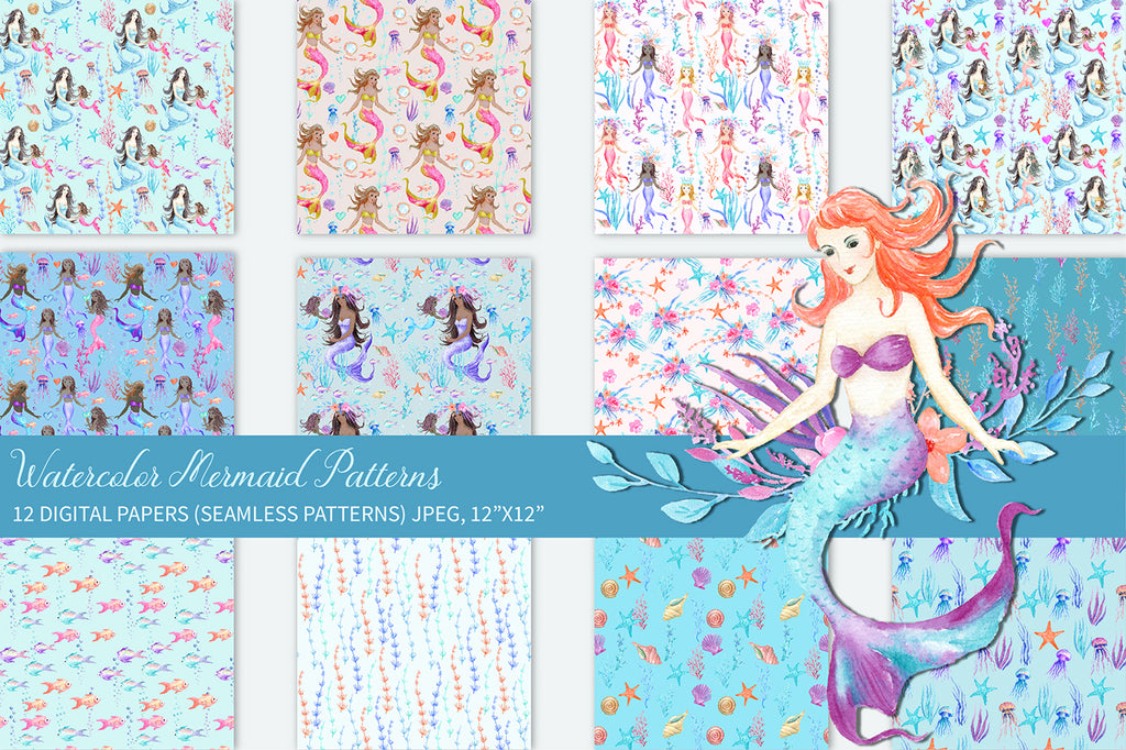 Pretty mermaid seamless pattern, watercolor digital paper