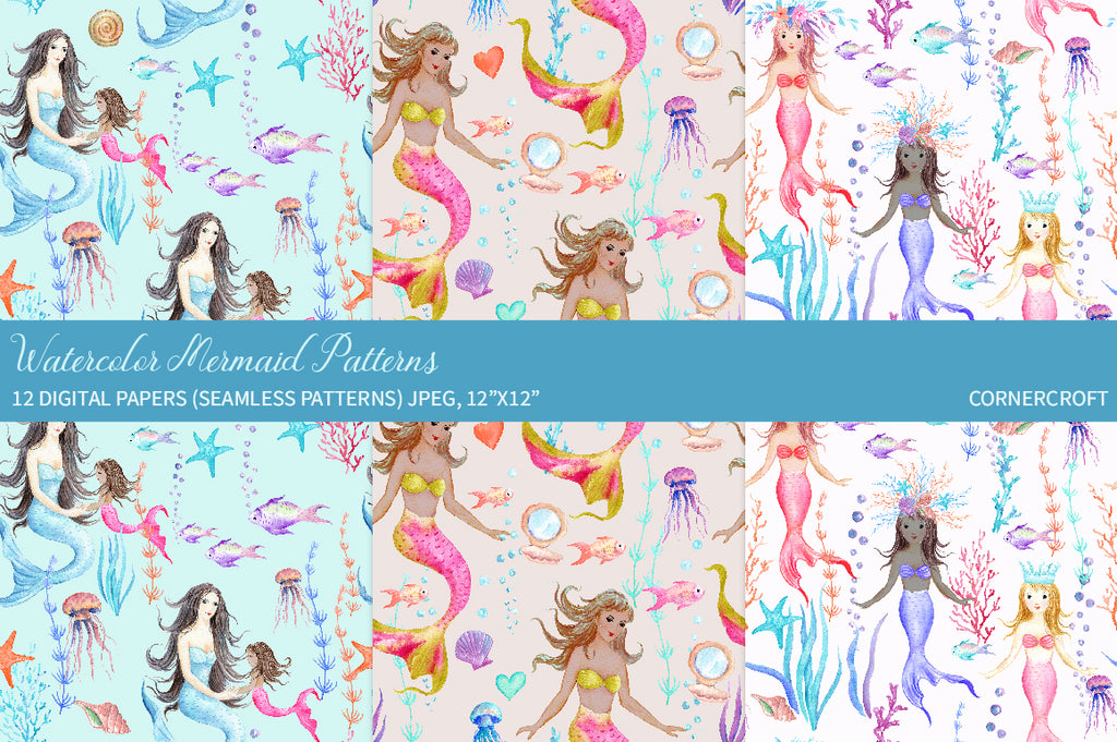 Pretty mermaid seamless pattern, watercolor digital paper