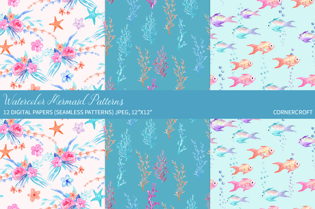 watercolor seashell digital paper, coral pattern