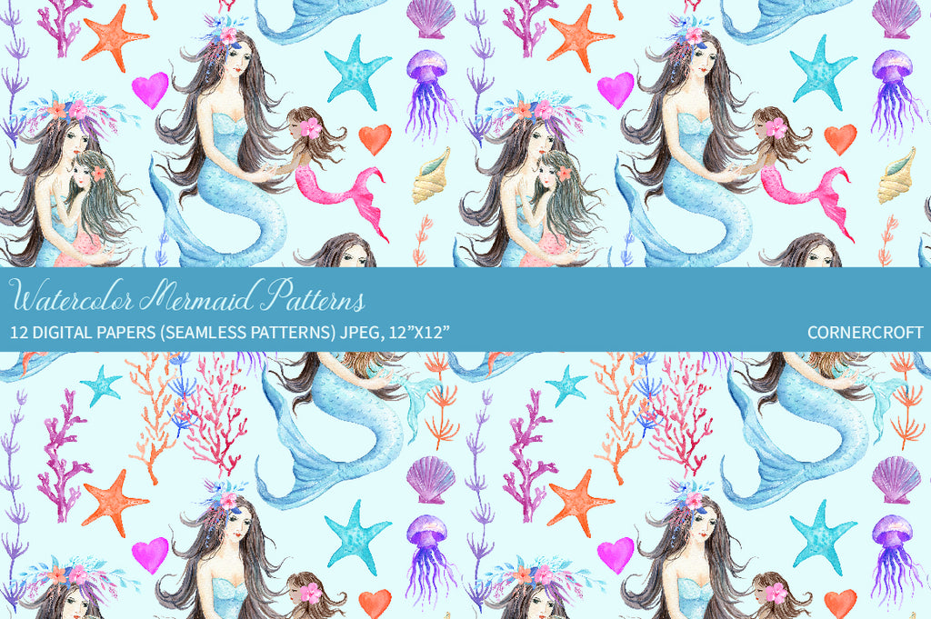 Watercolor mermaid pattern, digital pattern of mermaids and seashells