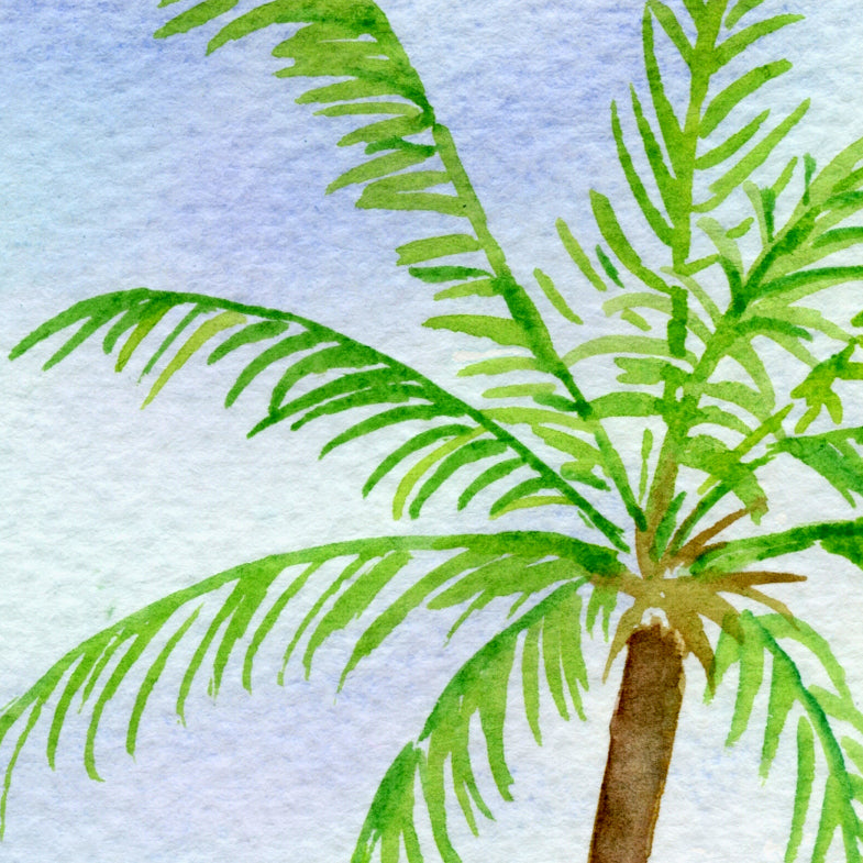 watercolor painting of palm tree and beach, blue sea and sandy beach, digital print