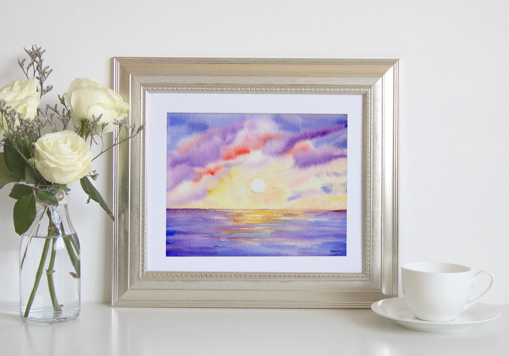 watercolor ocean sunset, watercolor painting, purple sunset, digital download 