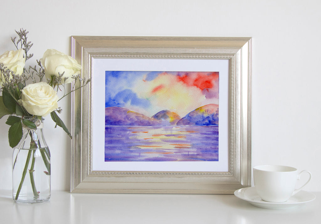 watercolor landscape painting sea water after storm, dramatic landscape 