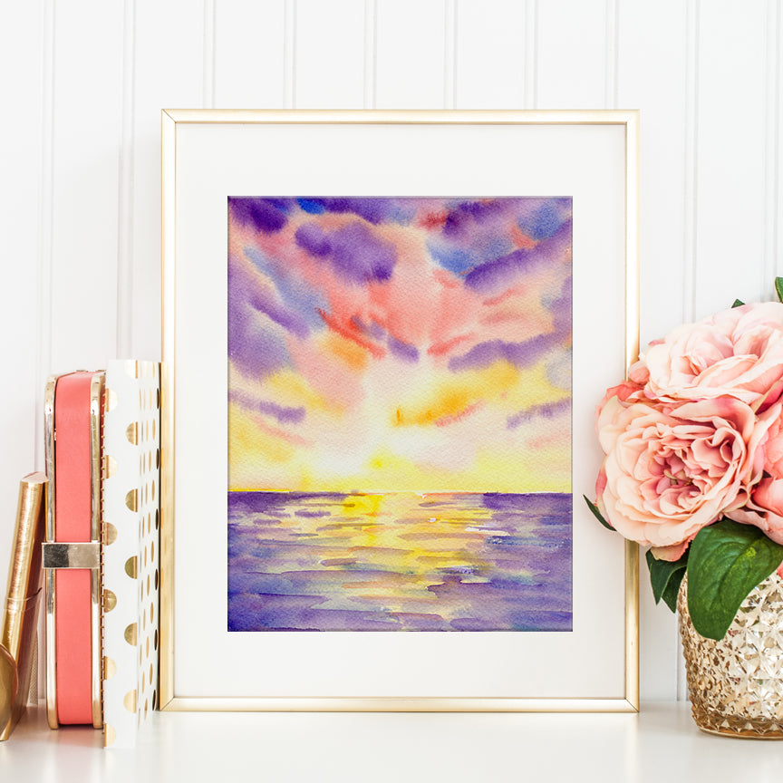 watercolor abstract painting of sunset at sea, digital print