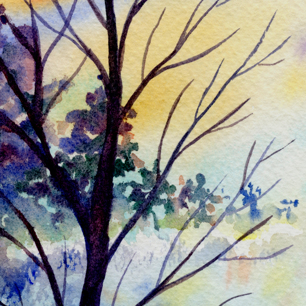 watercolor landscape painting for instant download, night scene, white cottage and flying birds,