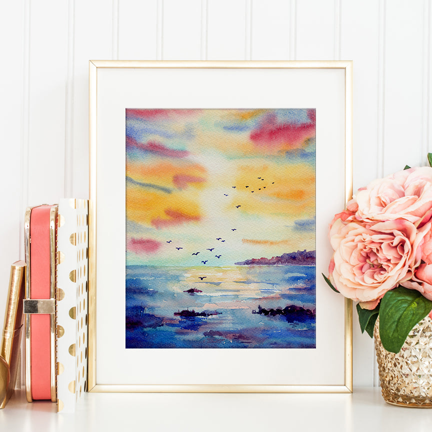 This is digital art print of hand painted watercolor painting ocean sunset. It is purple themed ocean sunset scene. It is ideal for kitchen decor and wall art, or making greeting cards and printable.