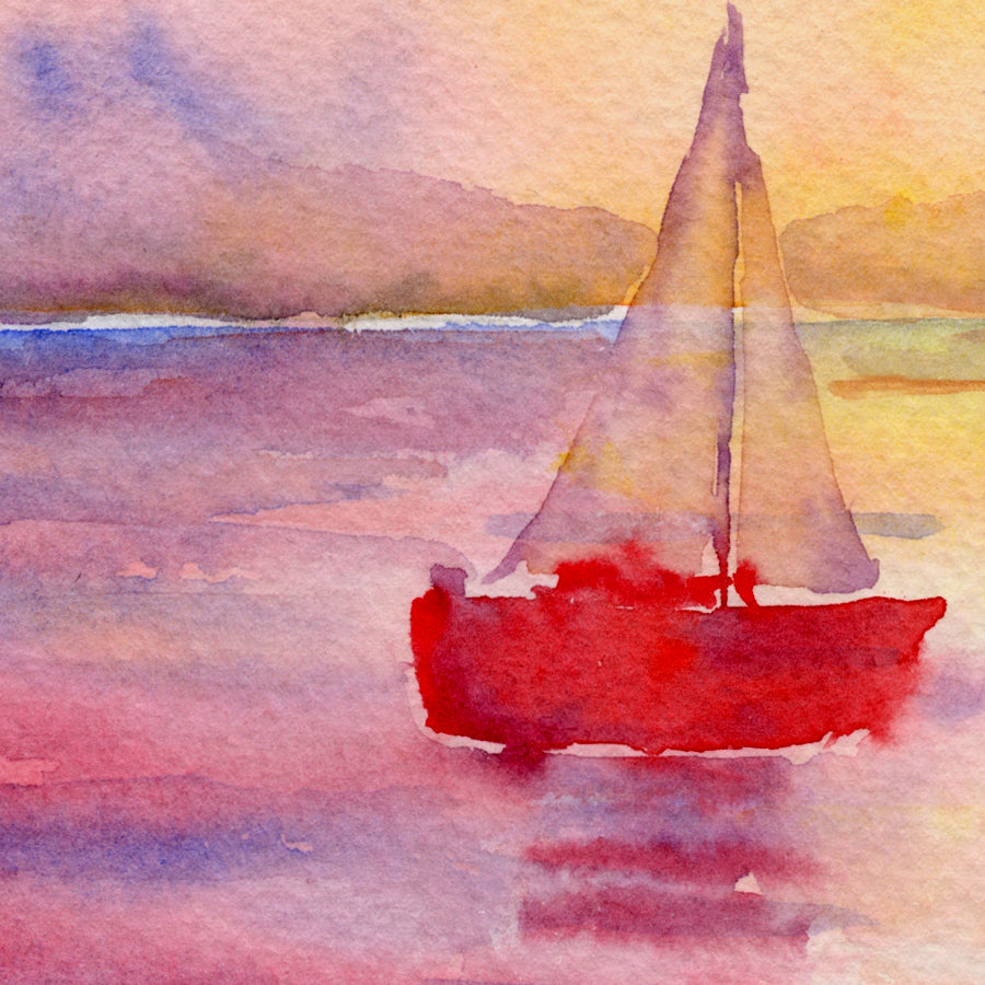 watercolor painting of sunset at sea with distant birds and red sailing boat, instant download 