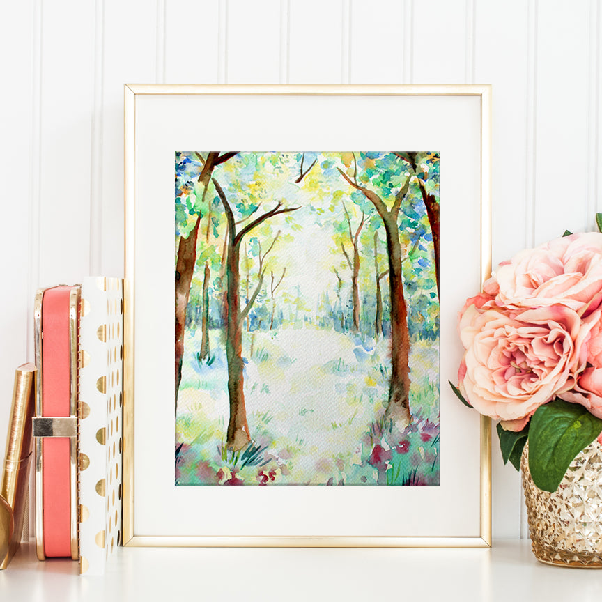 watercolor painting woodland, spring woodland, summer woodland, digital print