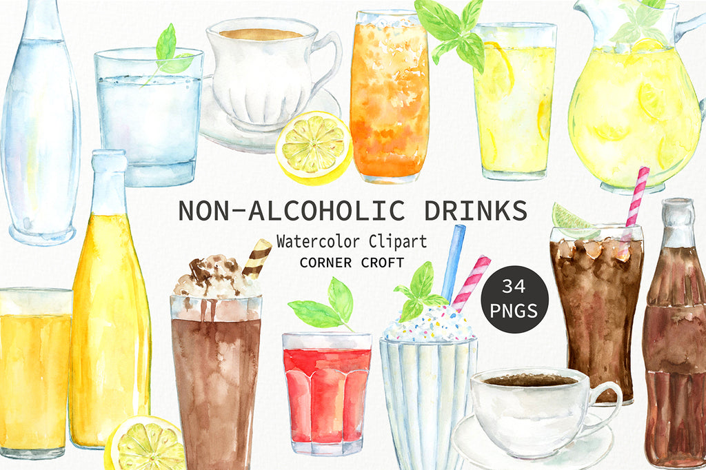 watercolor illustration non alcoholic drinks, soft drink, fizzy drink, water, milk, baby bottle, baby beaker