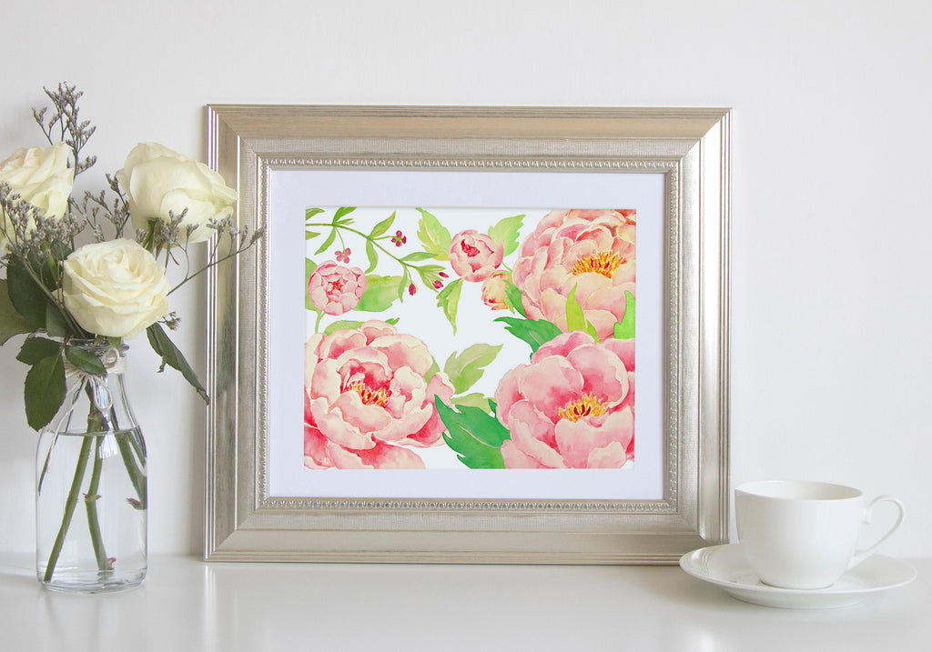 watercolor peach peony print, floral frame printable 