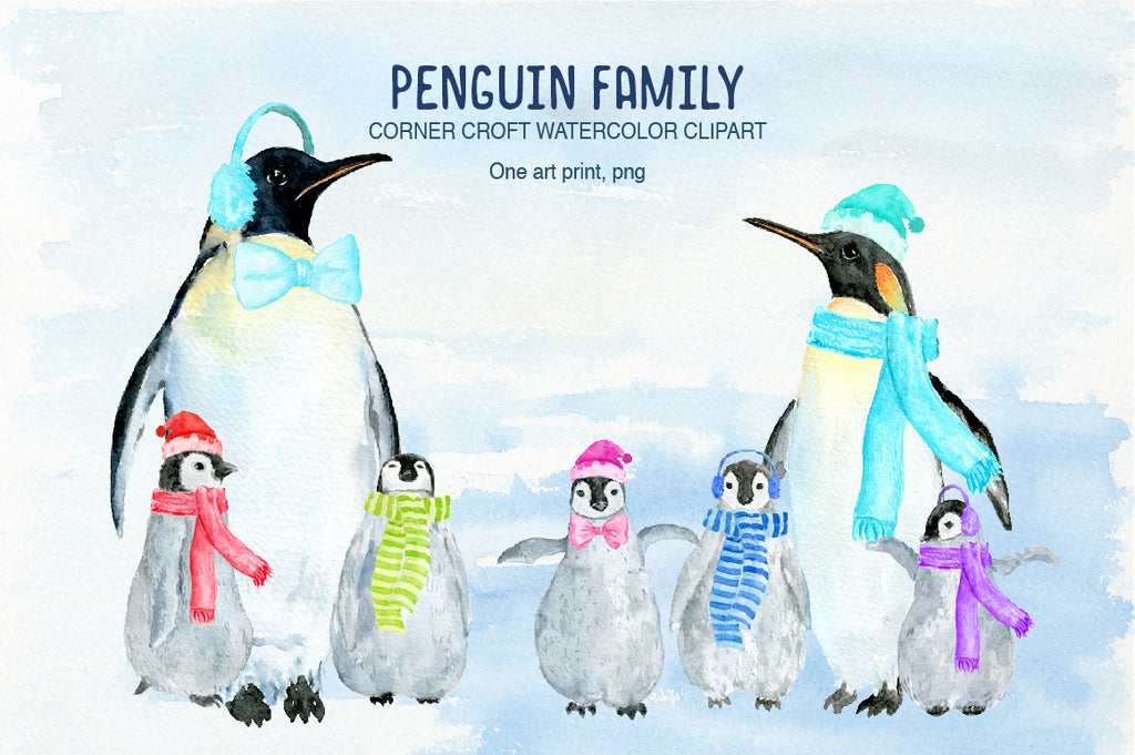 watercolor penguin illustration, penguin family illustration, instant download 